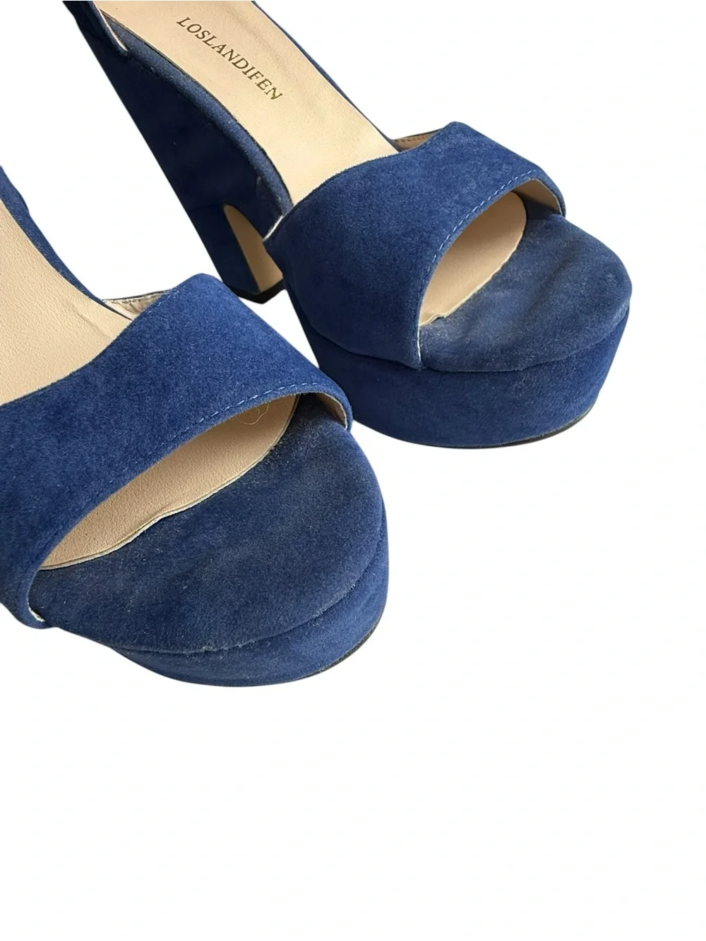 LOSLANDIFEN Chunky Block Heel Peep Toe Ankle Strap Blue Size 8.5 EUR 39 Formal
